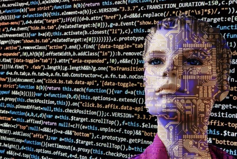 glowing computer code over womans face